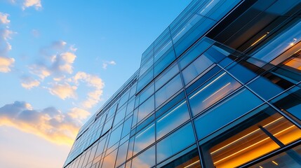 Obraz premium Modern Building Architecture with Glass Windows Against a Beautiful Sky at Sunset : Generative AI