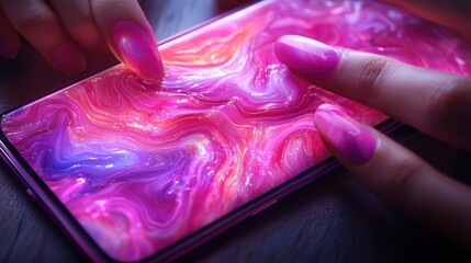 Elegant Hands with Stylish Pink Nails Touching a Vibrant Smartphone Display Showcasing Colorful Swirls and Textures in a Captivating Light Setting