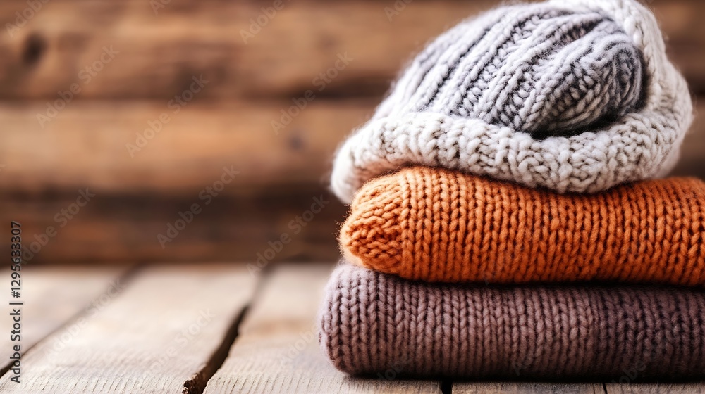 Poster stylish pile of warm knit sweaters on rustic wooden table display : generative ai