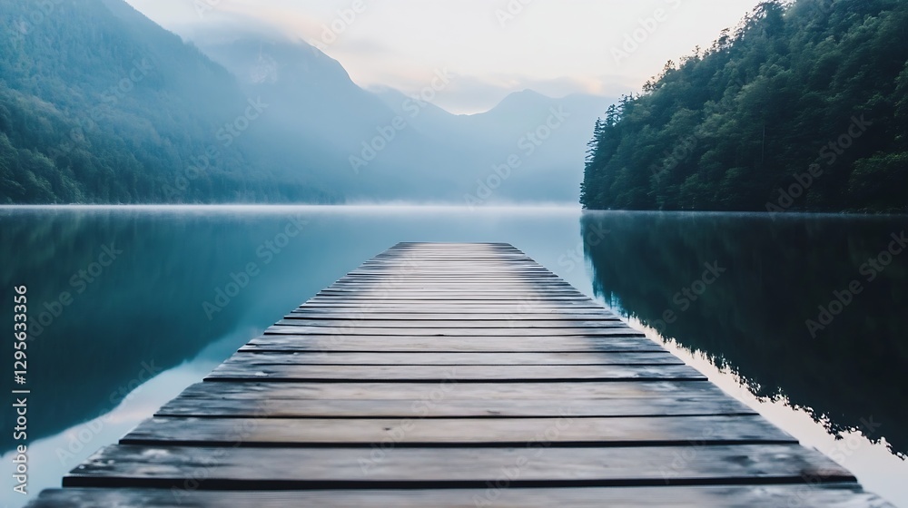 Poster serene lake plank dock pier reflecting calm waters and mountains at dawn or dusk : generative ai