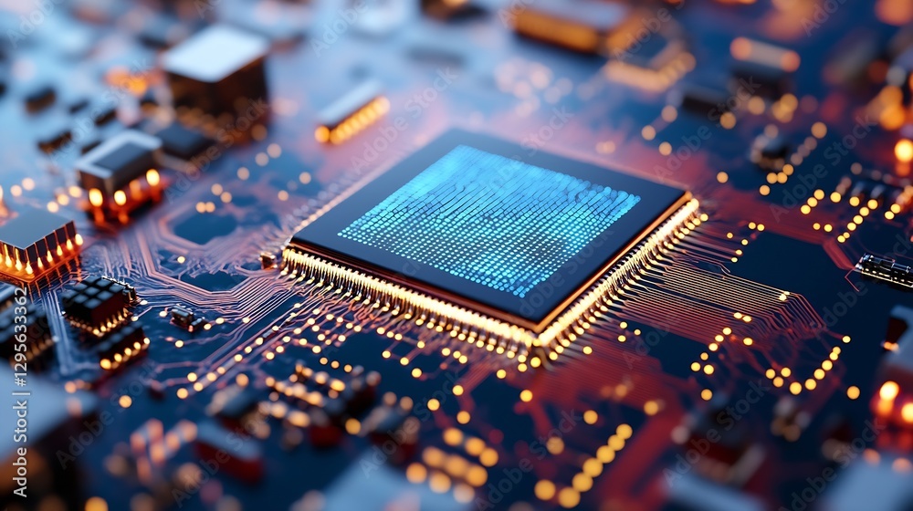 Fototapete Close Up of a Computer Microchip Circuit Board with Glowing Lights and Electrical Components : Generative AI