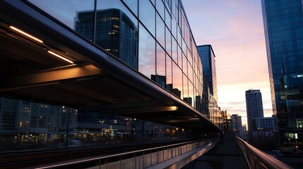 Obraz premium Modern Urban Landscape with Glass Buildings Reflecting a Colorful Sunset Sky : Generative AI