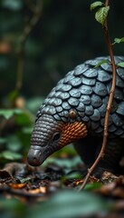 Fototapeta premium pangolin cautiously exploring a foggy jungle, its sharp eyes scanning for danger