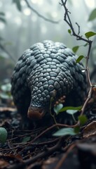 Fototapeta premium pangolin cautiously exploring a foggy jungle, its sharp eyes scanning for danger