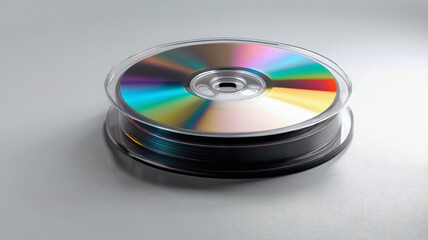 minimalist design of plastic DVD with colorful reflective surface, showcasing its sleek and modern appearance. image captures essence of digital media storage