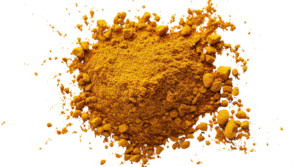 Turmeric powder forming a mound on transparent background