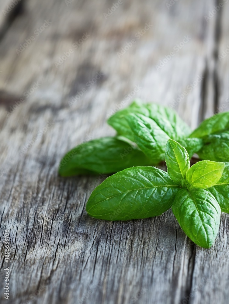 Poster fresh green mint leaves close up resting on a rustic wooden table highlighting their vibrant color a