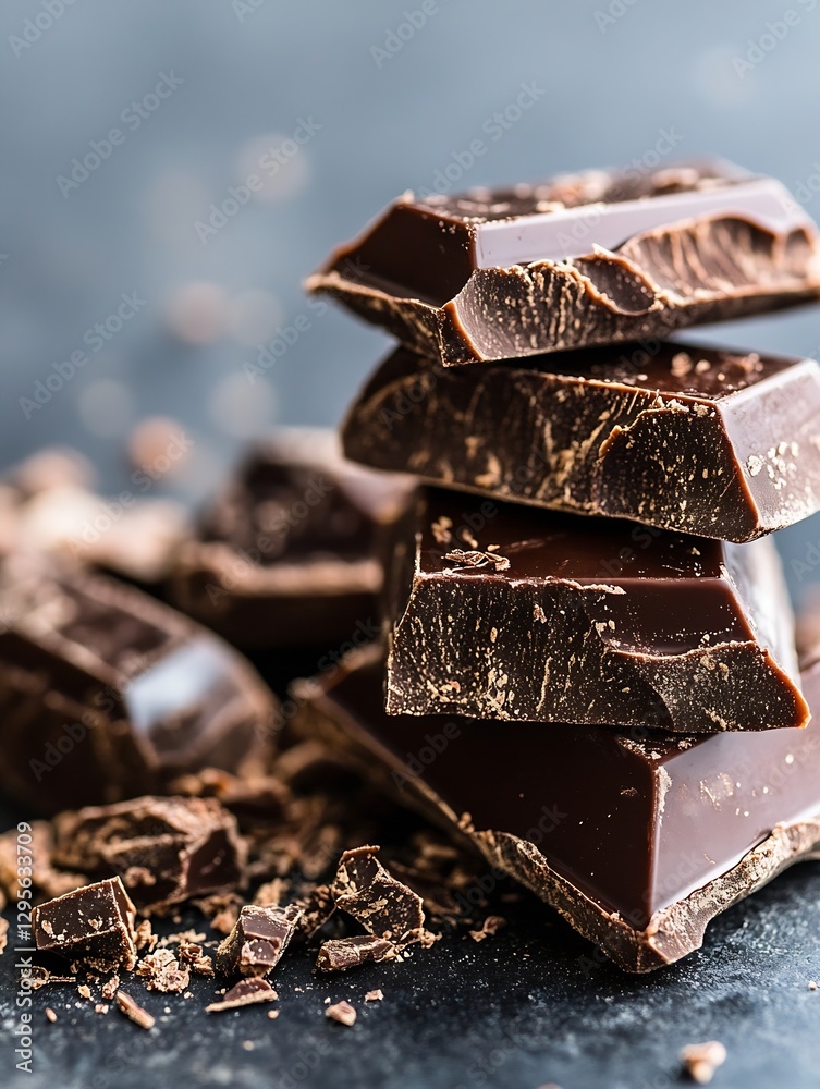 Aufkleber stack of delectable dark chocolate bars with rich textures and scattered pieces on a dark background