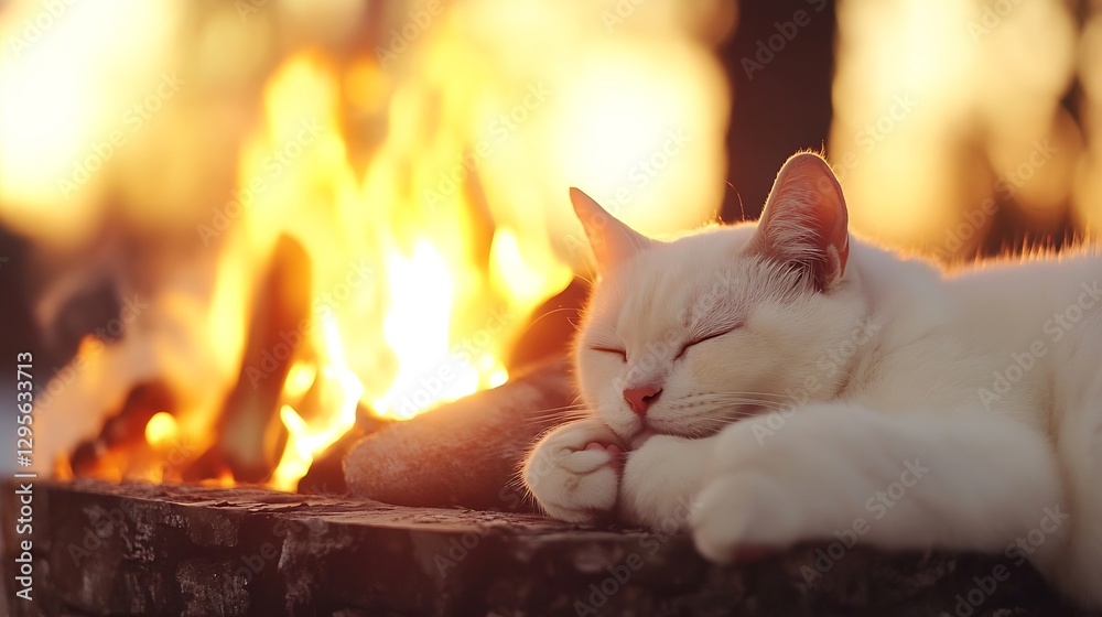 Poster fluffy white cat resting peacefully by a warm fire creating a cozy and serene atmosphere : generativ