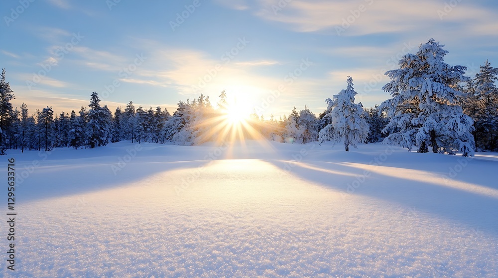 Poster breathtaking winter landscape with sun rays shining over a snowy field and trees : generative ai