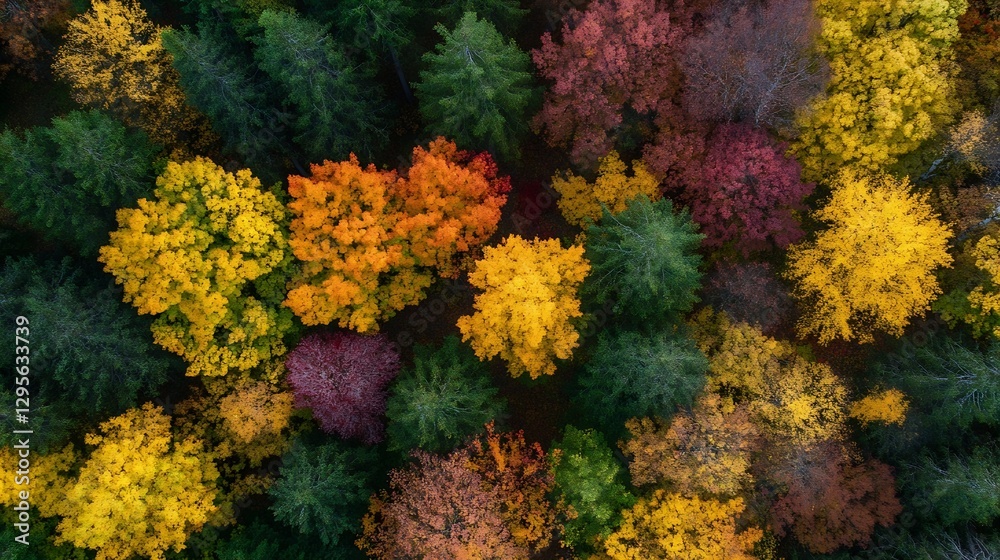 Poster aerial view of vibrant autumn trees showcasing a palette of colors in a lush forest landscape : gene