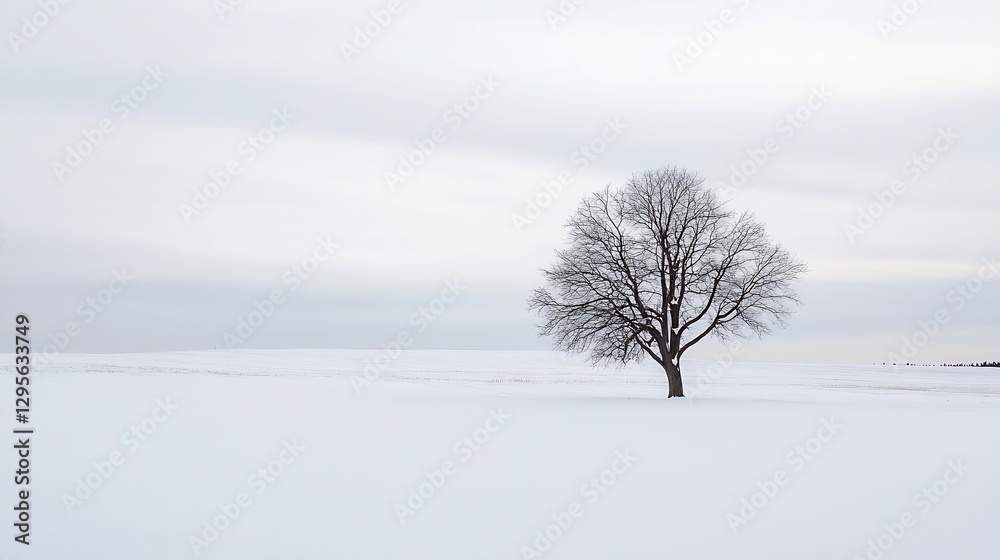 Aufkleber lonely tree standing alone in a vast snowy field under a cloudy winter sky : generative ai