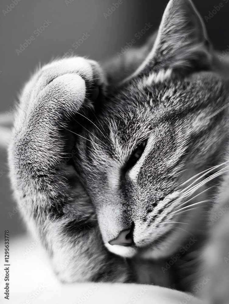 Aufkleber Adorable Gray Cat Resting with a Thoughtful Expression While Grooming Its Paw : Generative AI