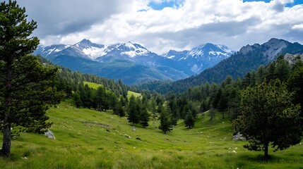 Obraz premium Majestic Mountain Landscape Surrounded by Lush Green Pine Trees : Generative AI