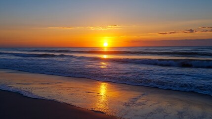 Obraz premium Stunning sunset over the ocean with vibrant colors reflecting on wet sandy beach : Generative AI