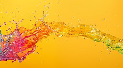 A colorful splash of lemon-lime soda creating arcs against a solid yellow background.