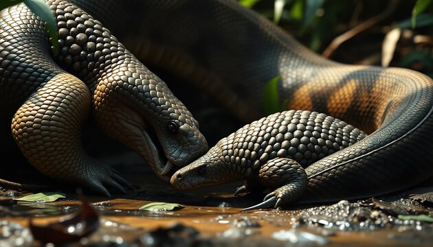 pangolin facing a massive python deep in the jungle