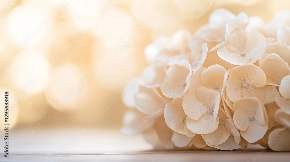 Poster elegant bouquet of delicate white hydrangea flowers with a warm golden bokeh background for a serene