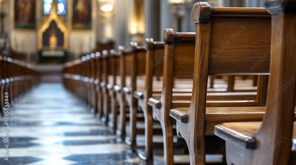 Poster rows of wooden chairs in a spacious and elegant church interior creating a calm and reflective atmos