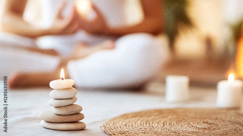 Poster relaxing zen spa scene with candle and balanced stones for mindfulness practices : generative ai