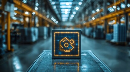 Futuristic Digital Interface Displaying Manufacturing Icon in Modern Warehouse Environment with Soft Lighting and Blurred Background Details