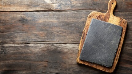 Fototapeta premium Elegant Dark Slate Cutting Board on Rustic Wooden Surface Ready for Gourmet Meal Preparation : Generative AI