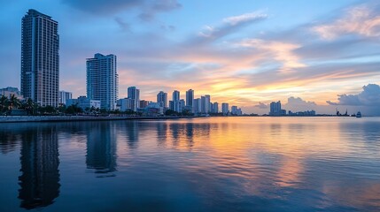 Fototapeta premium A vibrant city skyline reflected on a calm river at sunset creating a picturesque urban landscape filled with color : Generative AI