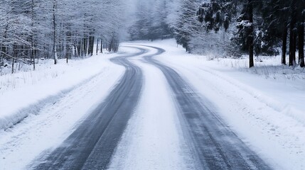 Obraz premium Snow Covered Winding Road Through a Winter Wonderland Scene in a Beautiful Forest : Generative AI