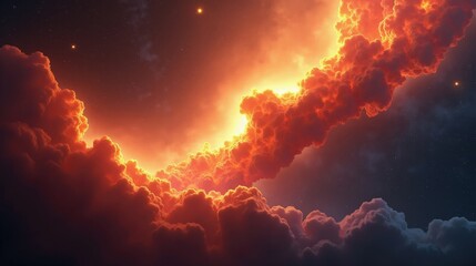 Obraz premium A nebula resembling a celestial phoenix, fiery plumes of orange and red gas ignited by newborn stars, rising from cosmic ashes of a past supernova.