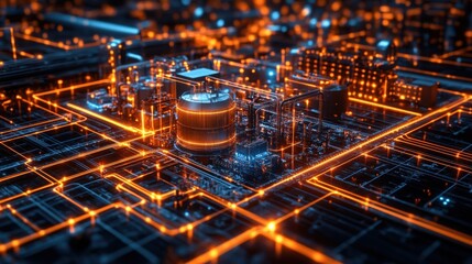 Futuristic Urban Landscape with Glowing Circuitry and Technology, Illustrating a Vibrant City with Electric Connectivity and Innovation in the Digital Era