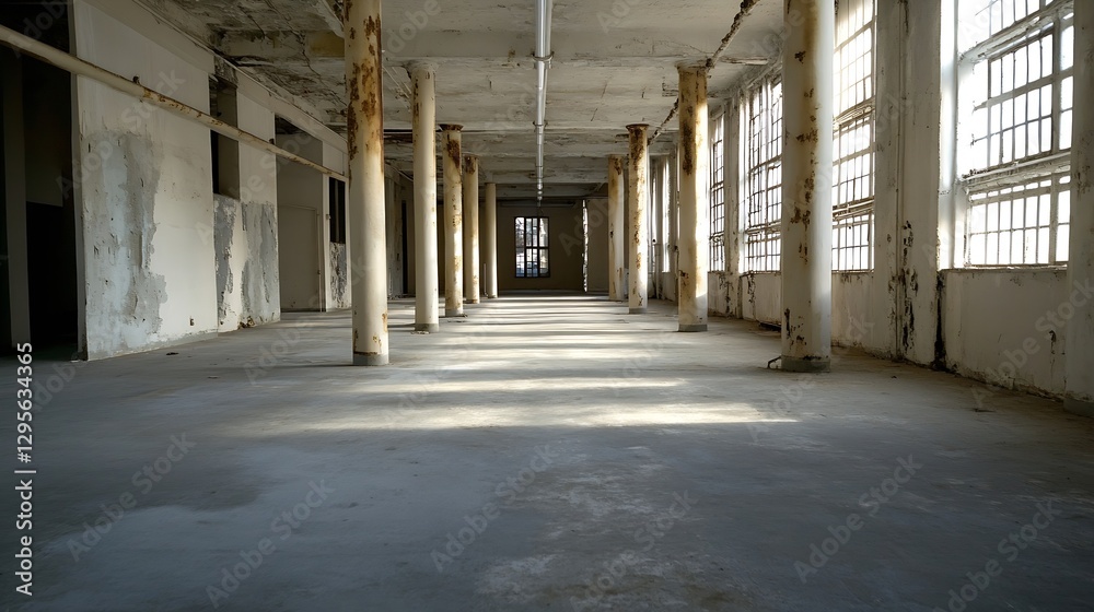Aufkleber desolate interior of an abandoned building with vivid light highlighting the unique architectural de