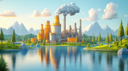 Idyllic Industrial Landscape: Lush Greenery Surrounds A Modern Factory Against Majestic Mountains and Clear Blue Waters in a Vibrant Sunset Sky