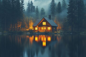 Obraz premium A cozy cabin by the lake illuminates the surrounding landscape at night