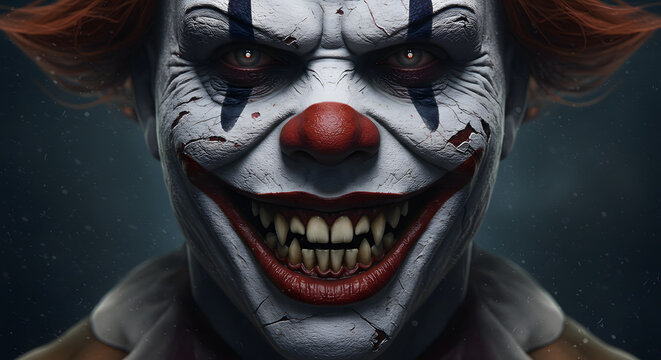 Eerie Clown Face with Red Nose and Sharp Teeth close up