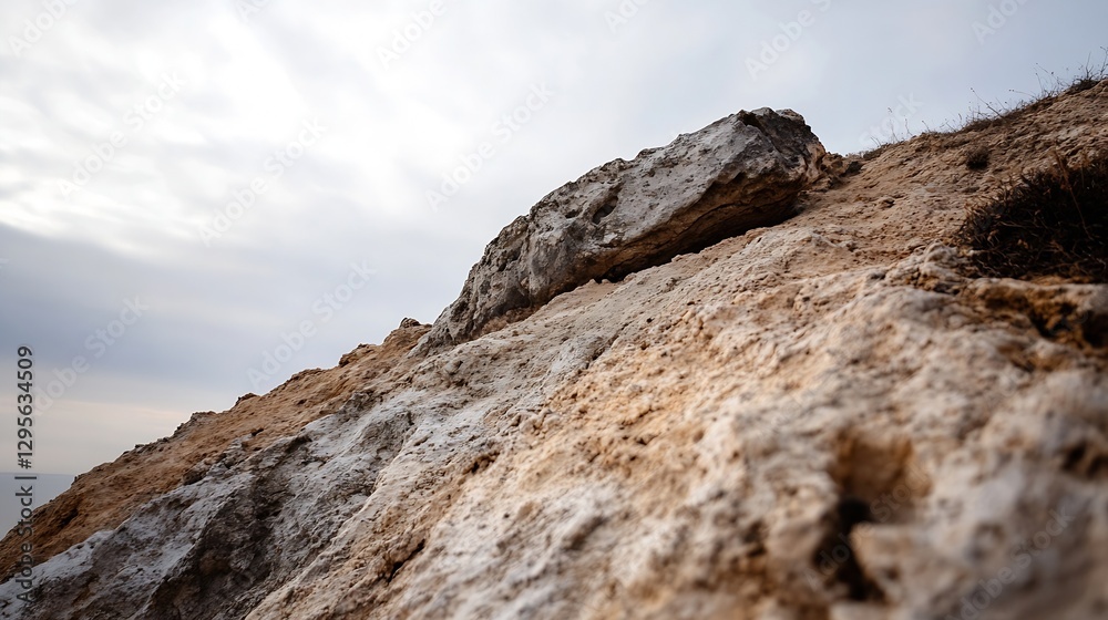 Poster close up of unique rock formation on a mountain under cloudy sky : generative ai