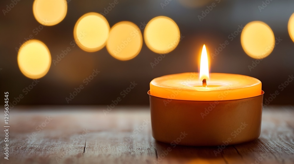 Fototapete Beautiful lit candle on wooden surface surrounded by soft bokeh lights creating a relaxing mood : Generative AI