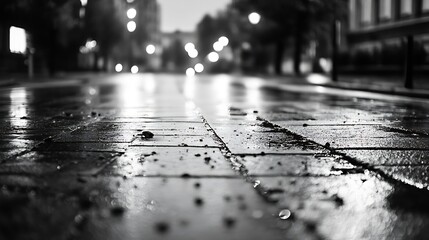 Wet Cobblestone Street at Night with Reflections of Street Lights in Black and White : Generative AI