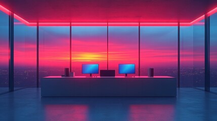 Modern office interior with glowing neon lights, panoramic windows, evening skyline, sleek desks, dual computer screens, and vibrant sunset view