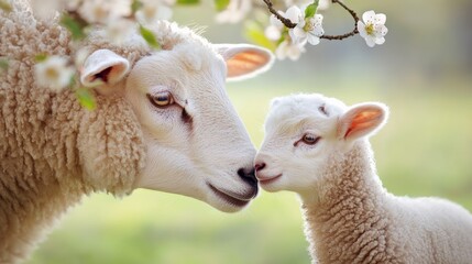 Obraz premium Tender moment between a sheep and her lamb in nature.