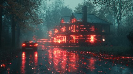 Mysterious House Surrounded by Glowing Red Lights on a Foggy Evening with a Car in the Foreground Reflecting Light on Wet Road