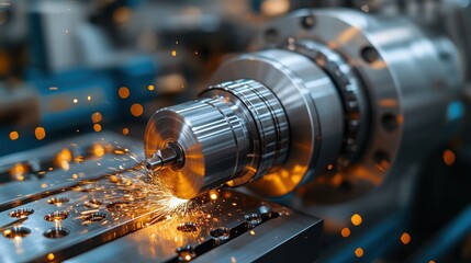 Precision metalworking process showcasing a CNC machine in operation with metal shavings and sparks flying, emphasizing technology and craftsmanship in manufacturing