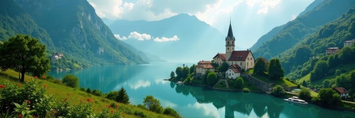 Ancient village nestled in lush valley, misty lake view , stone, mist