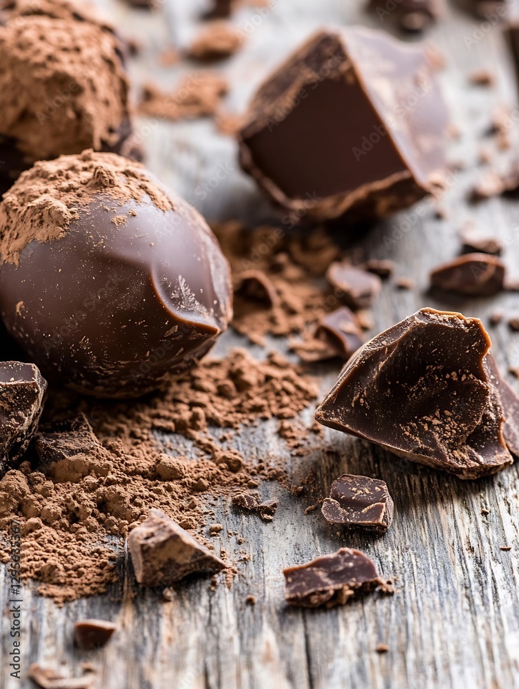 Poster rich dark chocolate and cocoa powder spilled over a wooden surface creating a decadent scene : gener