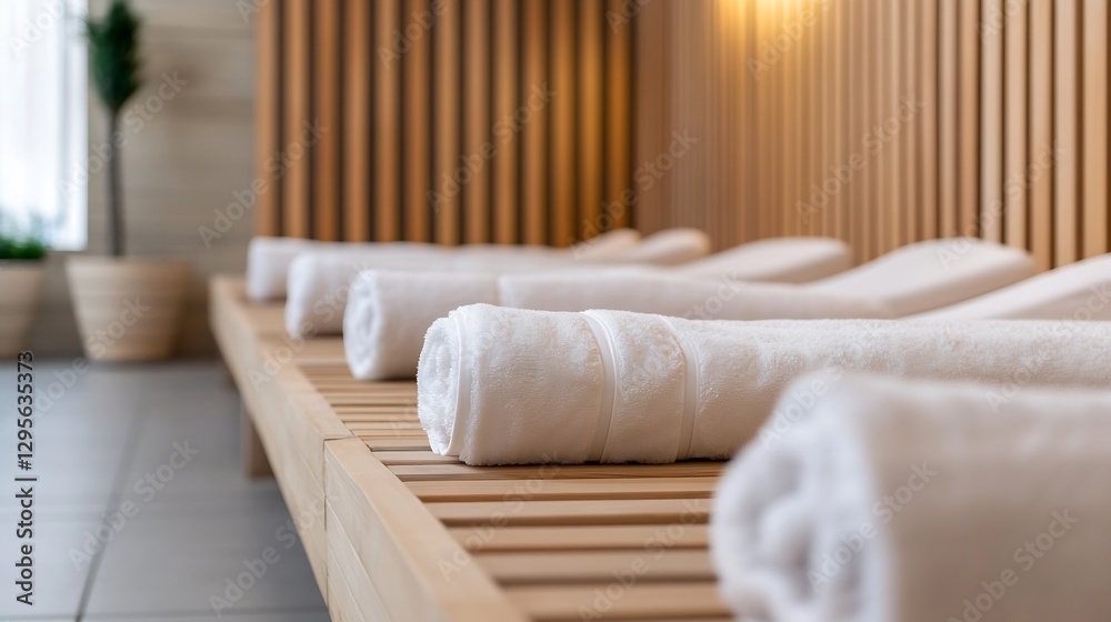 Poster relaxing spa environment with rolled towels on wooden loungers for ultimate comfort and tranquility 