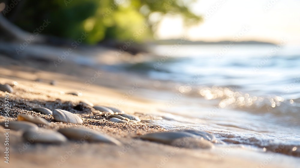 Poster tranquil close up of smooth stones on a beach at sunrise with gentle waves : generative ai