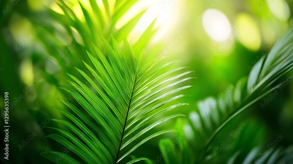 Aufkleber lush green palm leaves illuminated by sunlight creating a vibrant and tropical atmosphere : generati