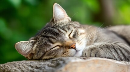 Fototapeta premium Close up of a peaceful sleeping cat on a wooden log surrounded by greenery : Generative AI