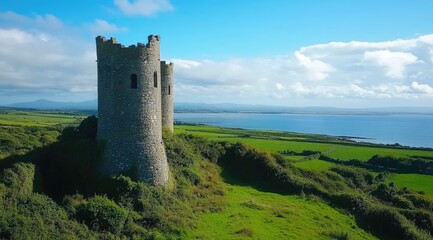 Ancient Twin Towers overlooking Irish countryside coast