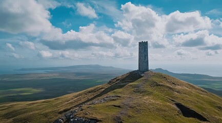 Ancient tower on hilltop overlooking misty landscape