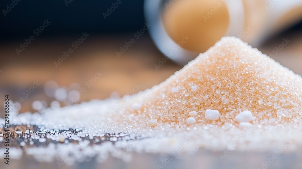 Poster Close up view of raw brown sugar granules spilling out from a container : Generative AI